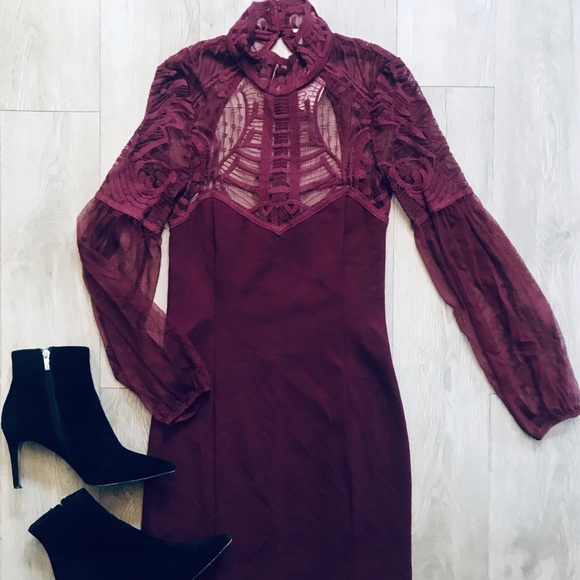 🆕 Free People Merlot Sheer Neckline Dress - Picture 1 of 5